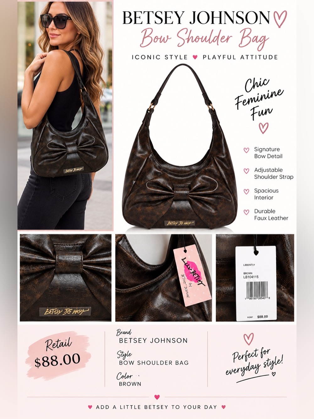 Betsey Johnson Brown Bow Shoulder Bag in Distressed Faux Leather
